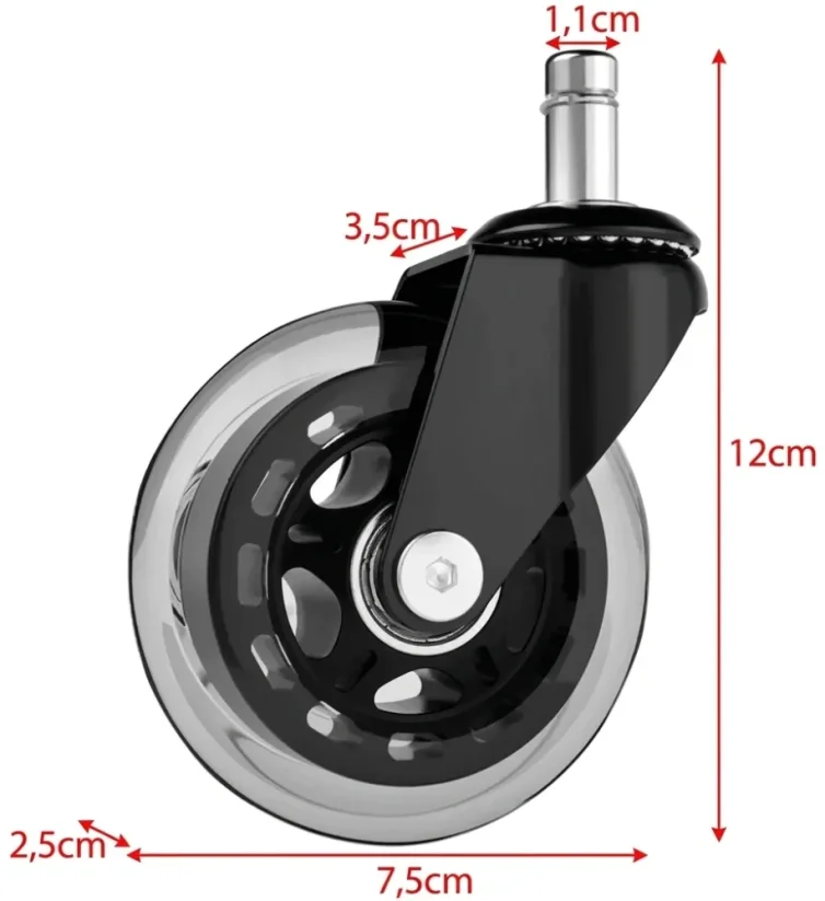 Technický nákres kaučukového kolečka ke kancelářské židli s rozměry čepu 11x22 mm a průměrem 7,5 cm.