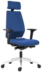 Ergonomická židle 1870 SYN Motion, hliníkový kříž, podhlavník, područky. Modré čalounění