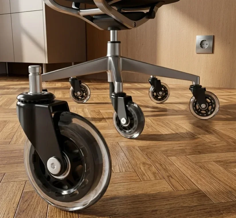 Detailní pohled na prémiová in-line kolečka na dřevěné jasanové podlaze pod kancelářským křeslem.