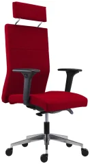 Zátěžová židle 8150 Vertika PDH s pohlavníkem, hliníkovým křížem a 4D područkami. Nosnost 150 kg. Červený potah - předoboční pohled.