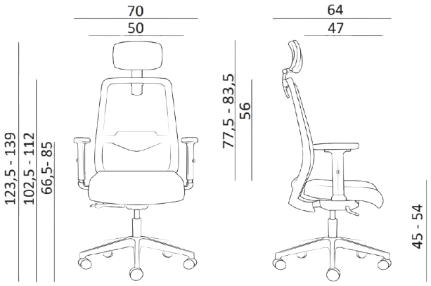 Ergonomická židle 1390 SYN K Tullio s podhlavníkem - rozměry