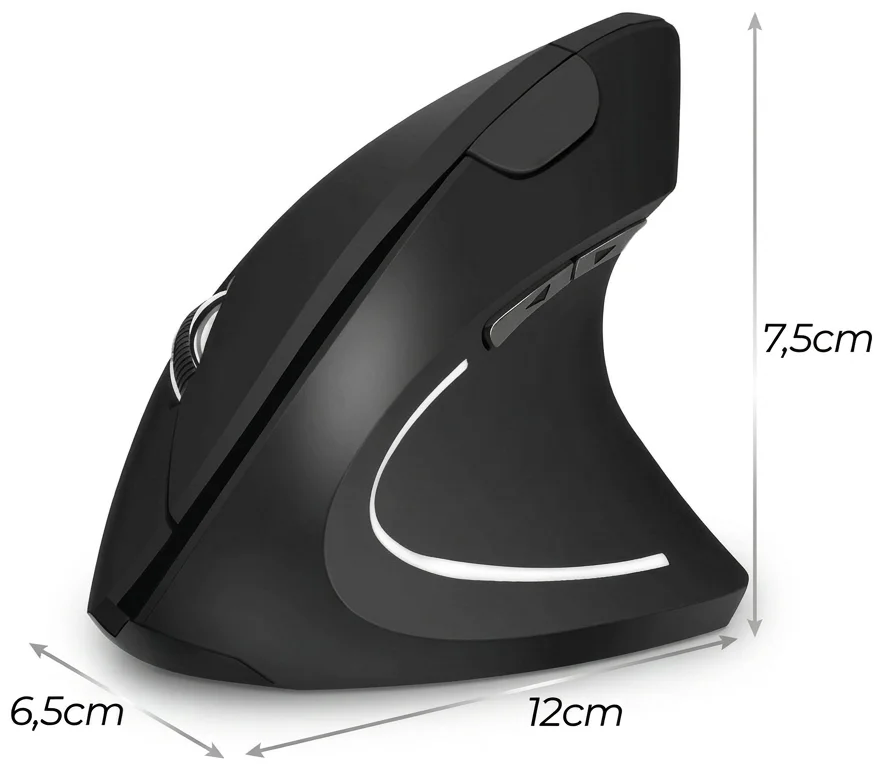 Rozměry vertikální ergonomické myši – výška 7,5 cm, délka 12 cm